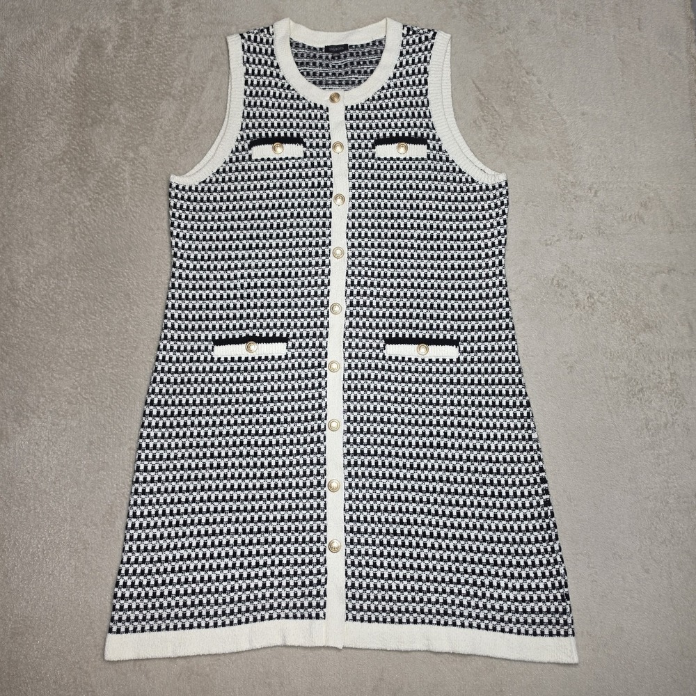 Talbots Tweed Black & White Knit Sweater Dress XL Textured Sleeveless Buttons